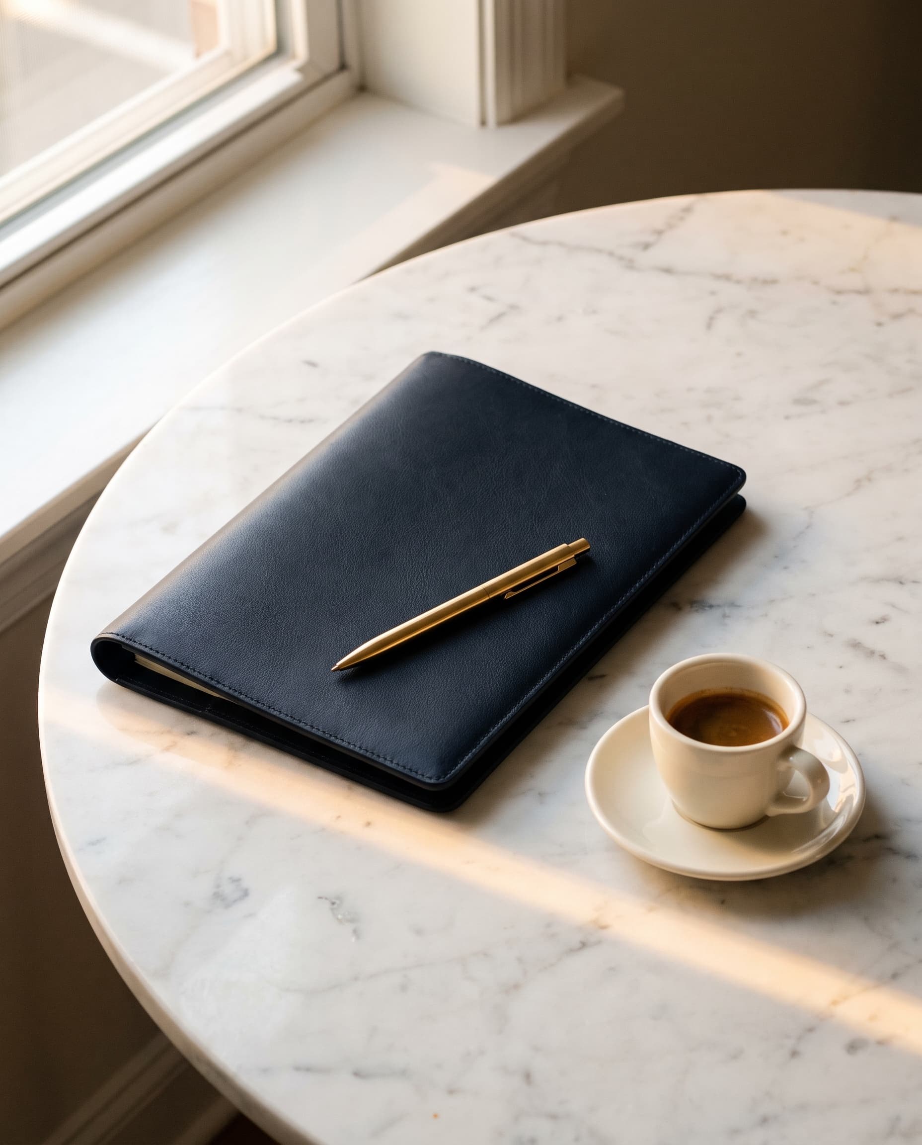 A closed navy leather folio with a brass pen on a marble table, beside a cup of espresso